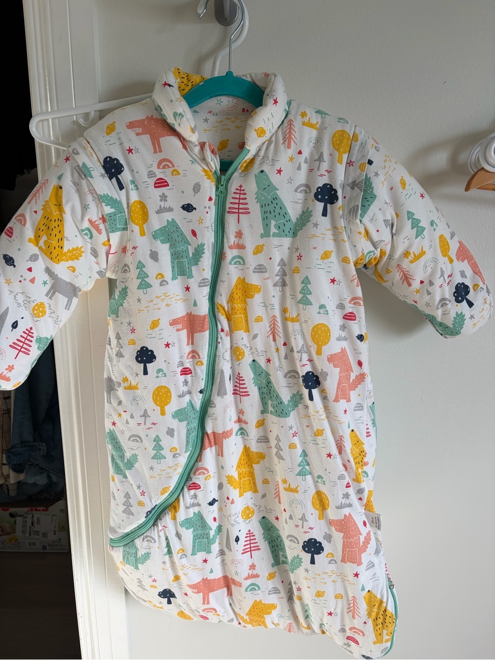 Kids White Sleepsack Pajamas with Multicolor Forest Animal Print